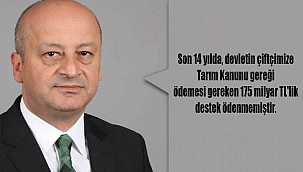 Son 14 yılda, devletin çiftçimize Tarım Kanunu gereği ödemesi gereken 175 milyar TL'lik destek ödenmemiştir. 