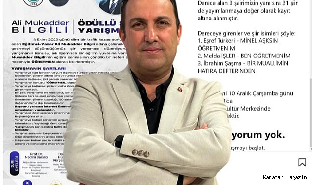 Şiir Yarışmasında Üçüncülük Ödülü Karaman’a